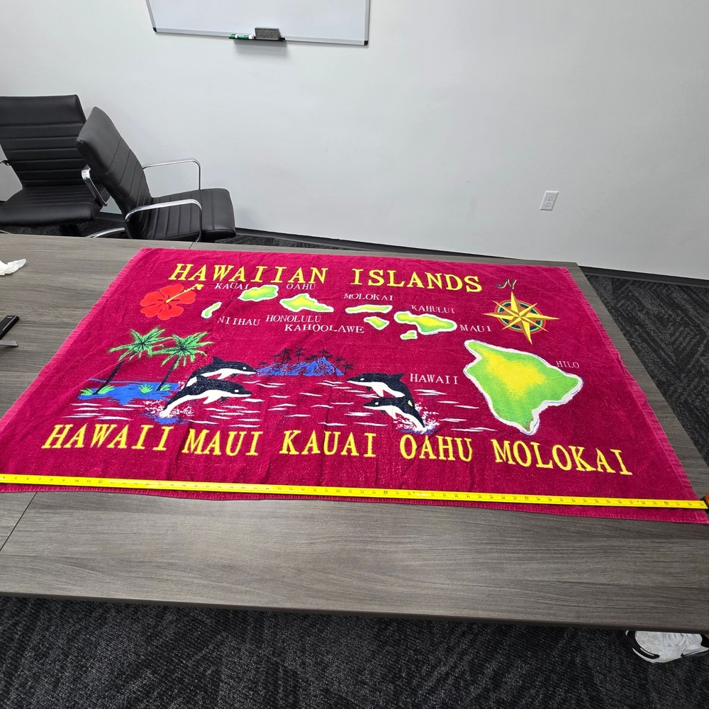 Favant Hawaiian Islands Beach Towel Pink Cotton Map Maui Kauai Dolphins 62x37